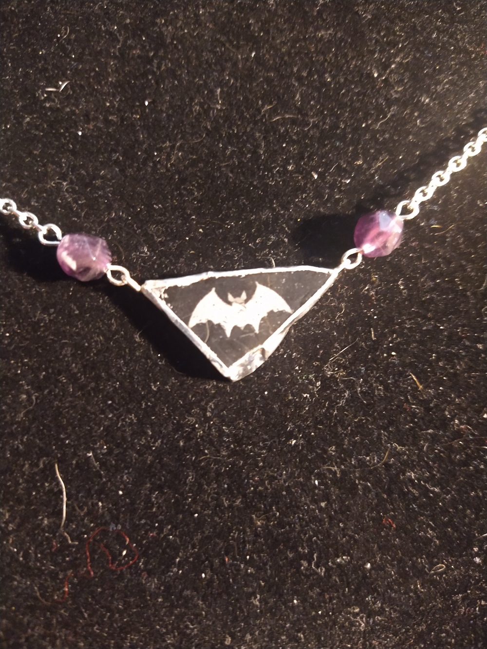 Black Marble Engraved Bat Pendant Necklace with Amethyst Beads